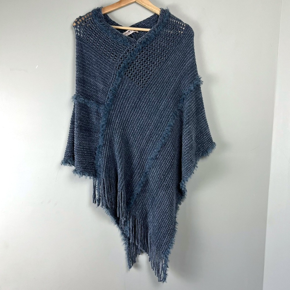 Natural Life Womens Blue Chenille Knit Fringe Poncho One Size Cozy Shabby Chic